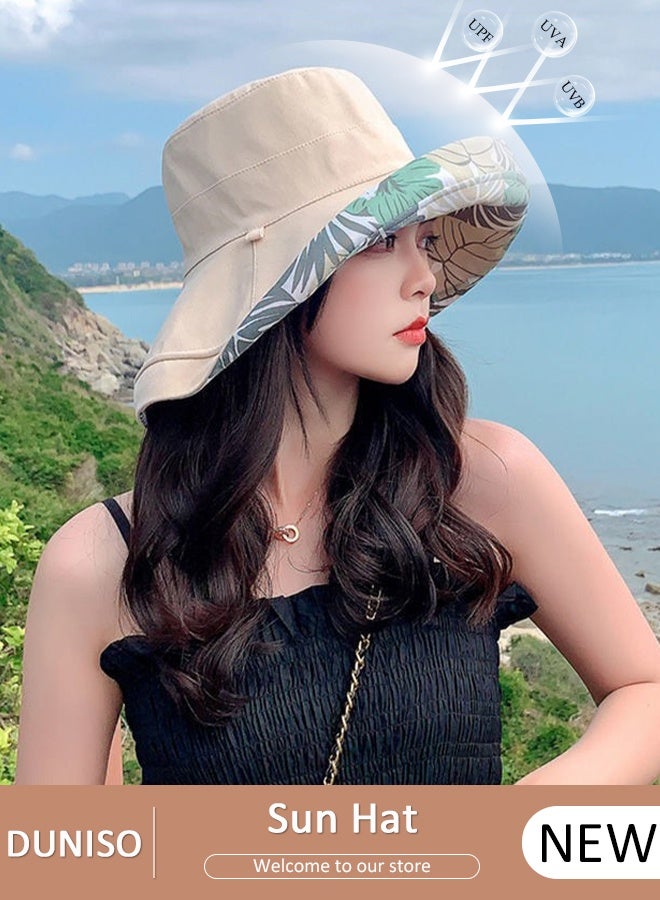 DUNISO قبعة شاطئ قابلة للطي مزدوجة الجوانب للنساء لربيع وصيف النسخة الكورية من قبعة الشمس العصرية للحماية من الأشعة فوق البنفسجية UPF50+ طباعة عصرية قبعة كبيرة للسفر على الشاطئ - Image 1