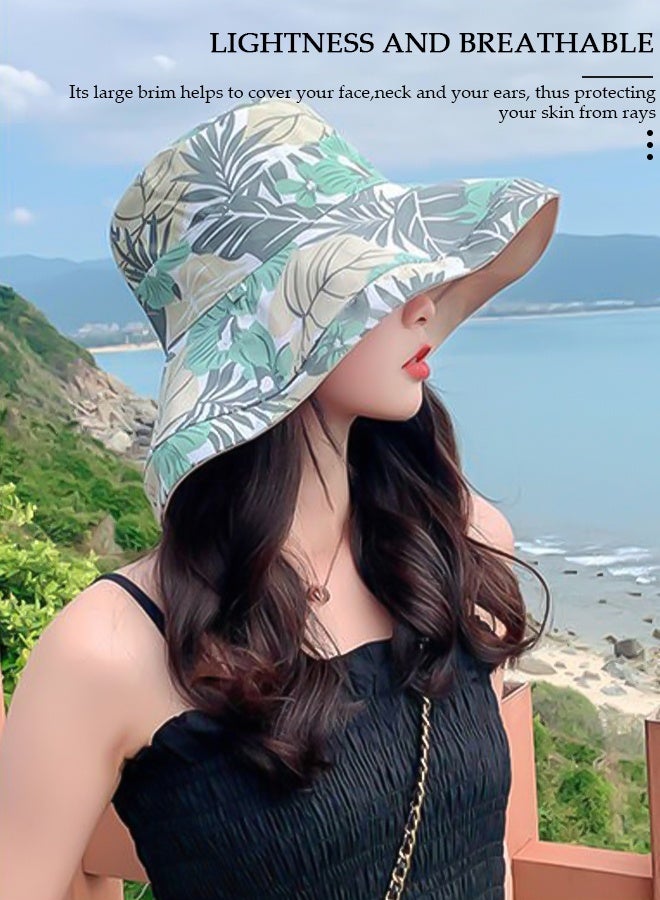 DUNISO قبعة شاطئ قابلة للطي مزدوجة الجوانب للنساء لربيع وصيف النسخة الكورية من قبعة الشمس العصرية للحماية من الأشعة فوق البنفسجية UPF50+ طباعة عصرية قبعة كبيرة للسفر على الشاطئ - Image 3