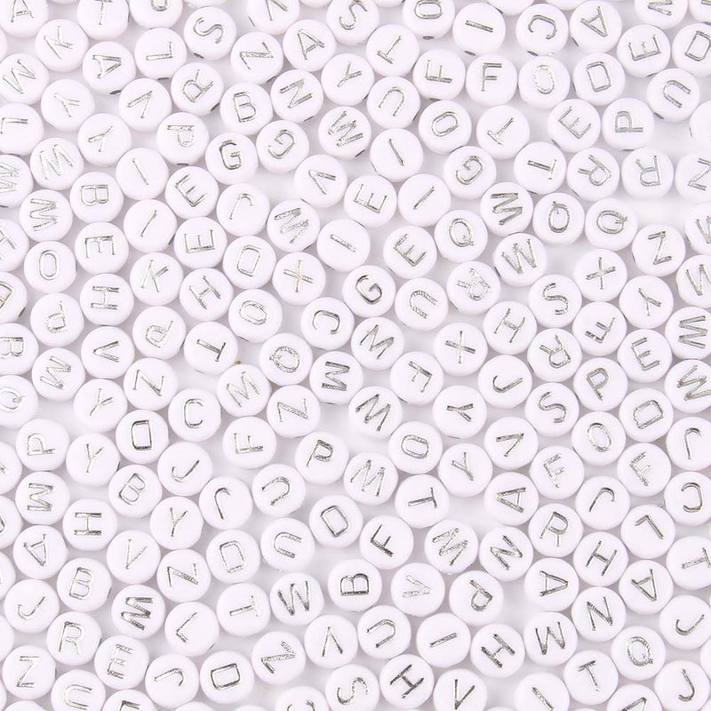 Acrylic Letter Beads Alphabet Silver Letters White Round Bead 47mm 1200pcs for Friendship Bracelets and Gifts Souvenir Jewelry Making