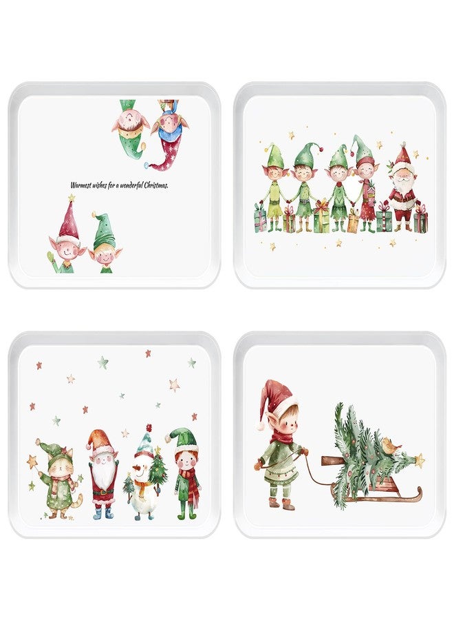 VIYNRAN 4-Piece 15 x 11 Inch Christmas Serving Tray Set, Reusable Melamine Platters with Cute Elf Cartoons, Holiday Party Trays for Snacks, Fruit, Desserts, and Candy, Rectangular Design - Image 1
