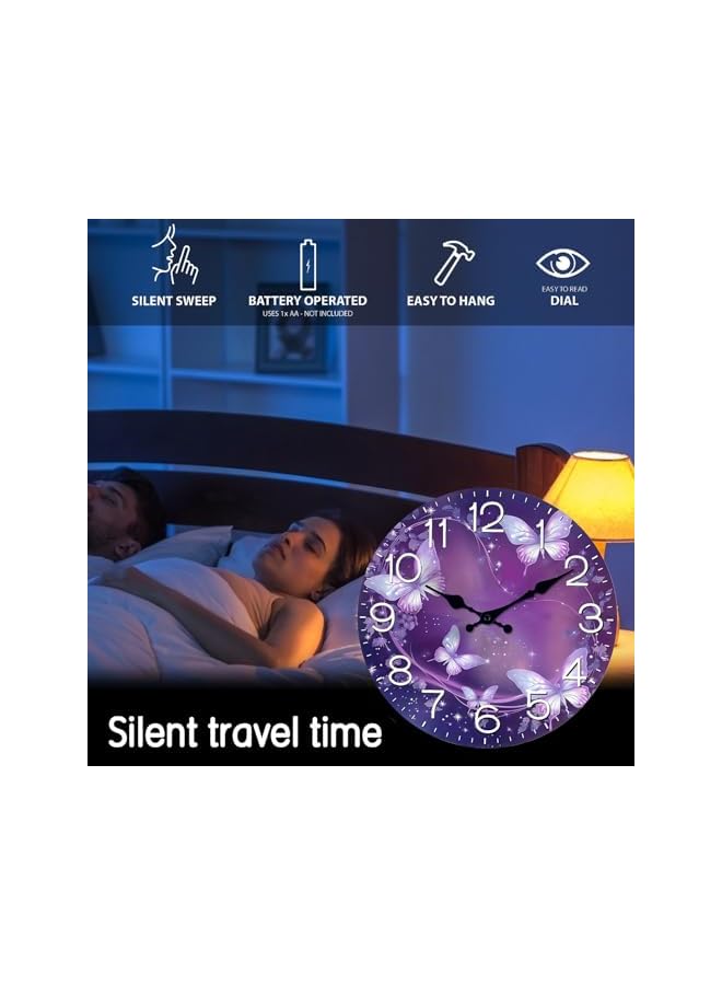 The Bros Purple Butterfly Wall Clock, Analog Butterfly Wall Clock, 12 Inch Simple Clock, Retro Wooden Wall Clock Living Room Silent Clock, Quartz Quiet Desk Clocks for Home Kitchen Bedroom Bathroom - Image 3