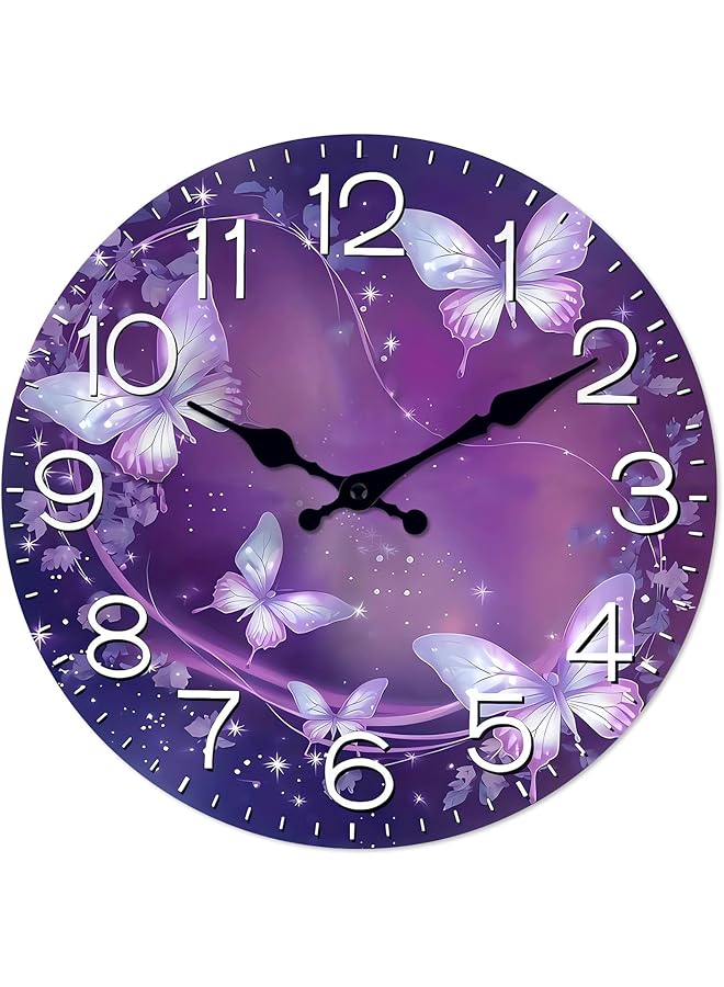 The Bros Purple Butterfly Wall Clock, Analog Butterfly Wall Clock, 12 Inch Simple Clock, Retro Wooden Wall Clock Living Room Silent Clock, Quartz Quiet Desk Clocks for Home Kitchen Bedroom Bathroom - Image 1
