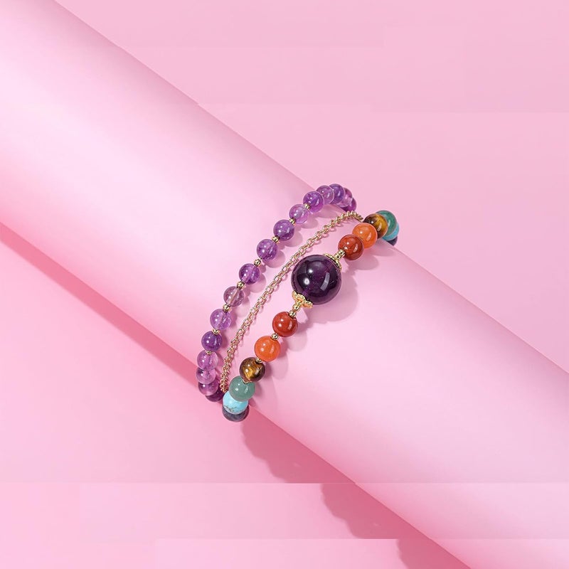 Excefore Healing Amethyst Crystals Bracelets - 3 Layers 14K Gold Plated Bracelet with 7 Chakra Crystal Stones - Reiki Healing Gemstones Jewelry for Women - Gifts for Girlfriend and Mom - Image 3
