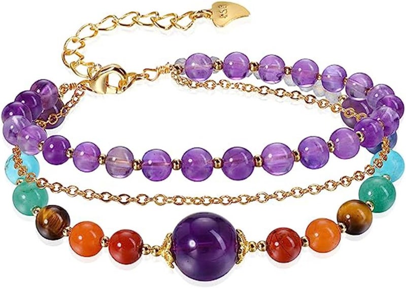 Excefore Healing Amethyst Crystals Bracelets - 3 Layers 14K Gold Plated Bracelet with 7 Chakra Crystal Stones - Reiki Healing Gemstones Jewelry for Women - Gifts for Girlfriend and Mom - Image 1