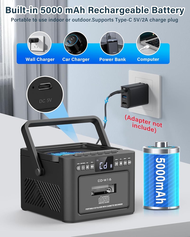 Sunoony Boombox Cassette CD Player Combo with Bluetooth, FM, Remote Control, Tape Recording, AUX/TF/USB Drive, Rechargeable CD Player with Stereo Sound & Headphone Jack, LED Display for Home,Kids,Gift - Image 2