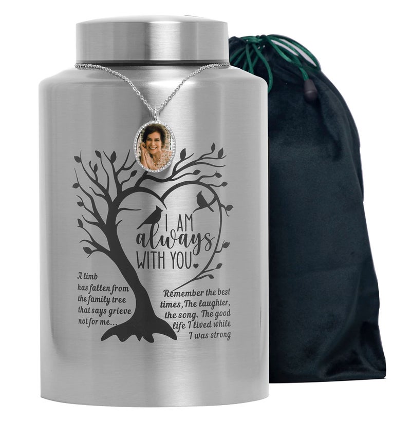 ZISAMURE Cremation Urn for Ashes Large Decorative Urn for Adult Human Male Female Ashes Up to 220 lbs Engraved Memory Funeral Burial Urn for Women Men with Velvet Bag Silver urn Tree of Life 