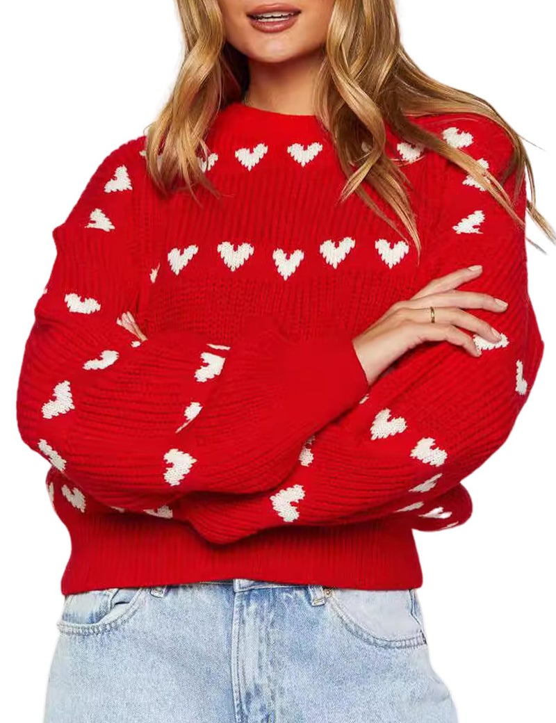 Arssm Womens Heart Sweater Valentine Crewneck Long Sleeve Pullover 2026 Cute Knit Tops(Red-L) - Image 1