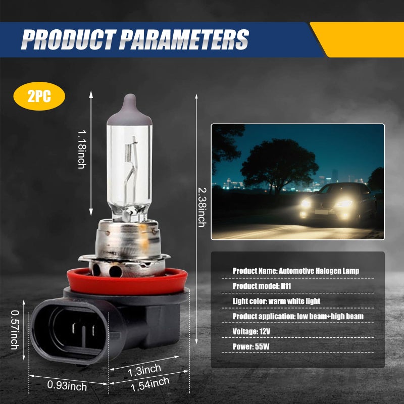 gunhunt 2 PCS Car H11-55W Halogen Bulb, 12V Quartz Lamp Beam Low/High Beam Fog Light Replace, All-in-one Plug and Play Lighting, Suitable for Replacement of Original H11 Bulb Model (Warm White Light) - Image 2