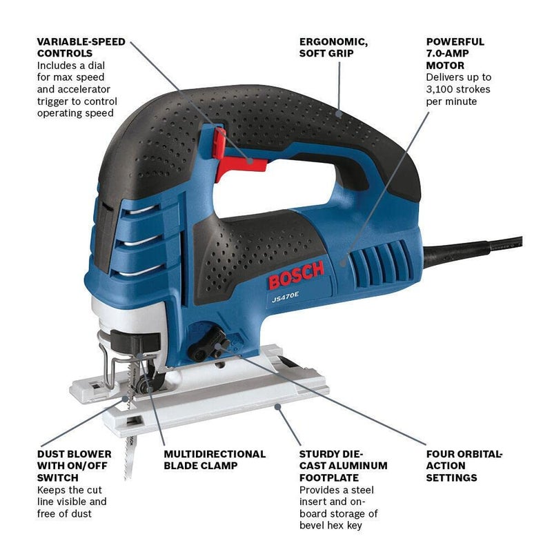 BOSCH Top-Handle Jig Saw 7.0 Amp, 3,100 SPM, 45 Degree Beveled Cuts, Variable-Speed Control, Ergonomic Design, Corded (JS470E) - Image 2