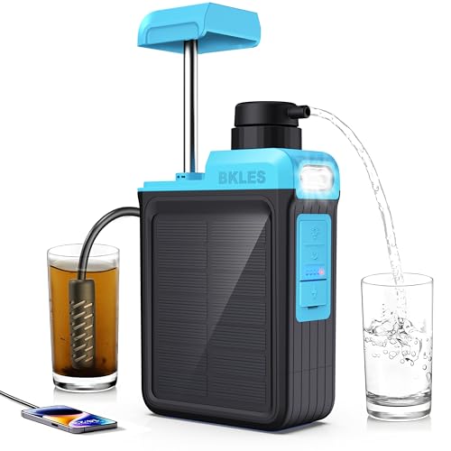 BKLES 3-in-1 Solar Electric Water Filter with Hand Pump - Camping Water Filtration System Survival, Portable Water Purifier with Emergency Light, Survival Kit for Backpacking, Birthday Gifts for Men - Image 1