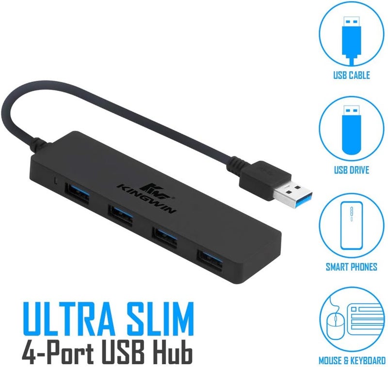 KingWin USB Hub 4 Port USB 3.0 Data Hub for Mobile SSD, MacBook, Mac Pro/ Mini, iMac, Chromebook, Surface Pro, USB Flash Drives, Notebook PC, XPS, and More [Ultra Slim] - Image 1