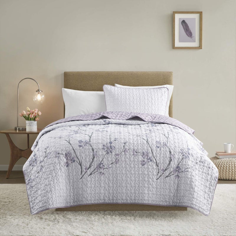 Comfort Spaces Reversible Quilt SetVermicelli Stitching Design All Season Lightweight Coverlet Bedspread Bedding Matching Shams TwinTwin XL 66 in x 90 in Kate Floral Purple 2 Piece