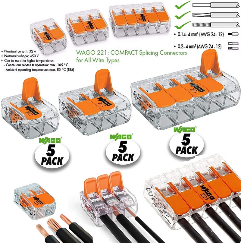 Wago 2, 3, 5 Port Splicing Connectors, Lever-Nut Assortment Pocket Pack for 12-24 AWG Wire - Image 2