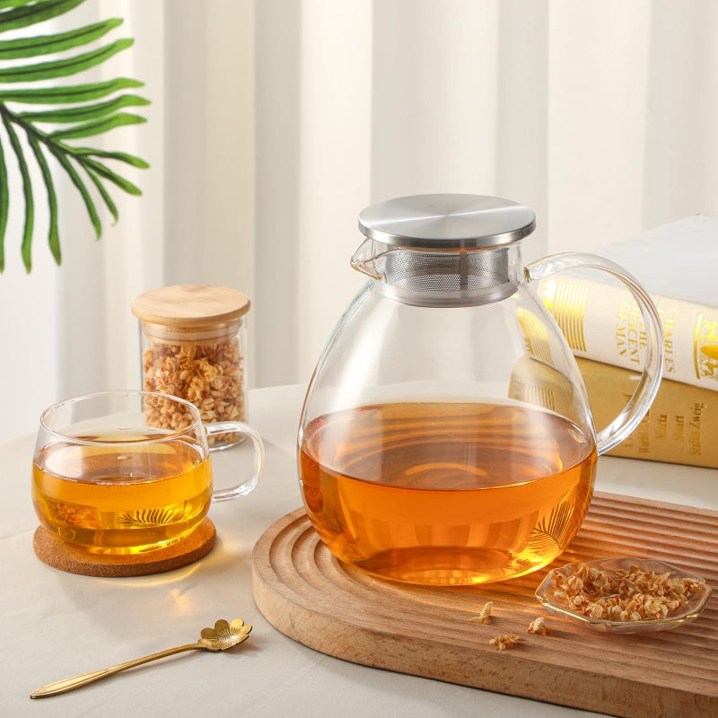 GURUDAR 68OZ/2000ML One Touch Glass Teapot with Stainless Steel Filter Lid, Stovetop & Microwave Safe Tea Maker Water Kettle, Strainer & Cover 2 in 1 Loose Leaf Tea Steeper Pot Coffee Carafe - Image 5