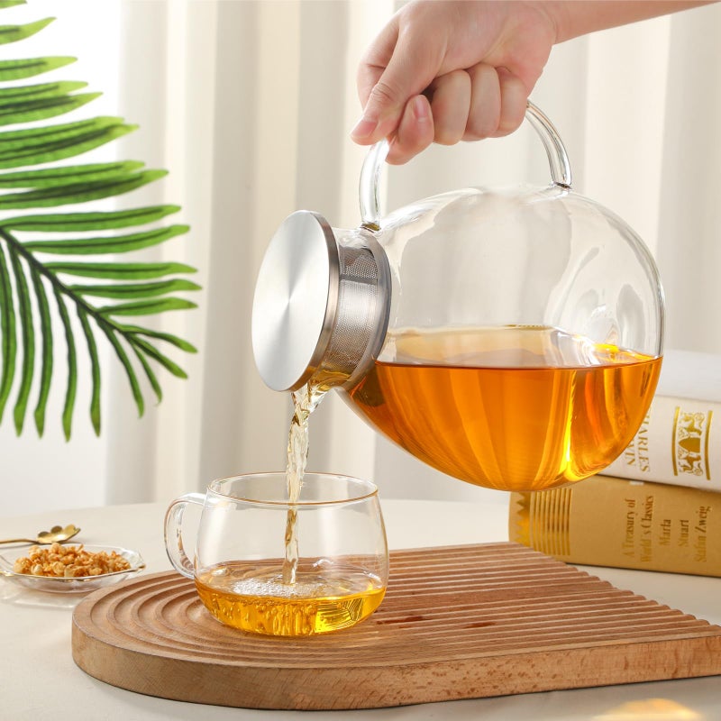 GURUDAR 68OZ/2000ML One Touch Glass Teapot with Stainless Steel Filter Lid, Stovetop & Microwave Safe Tea Maker Water Kettle, Strainer & Cover 2 in 1 Loose Leaf Tea Steeper Pot Coffee Carafe - Image 4