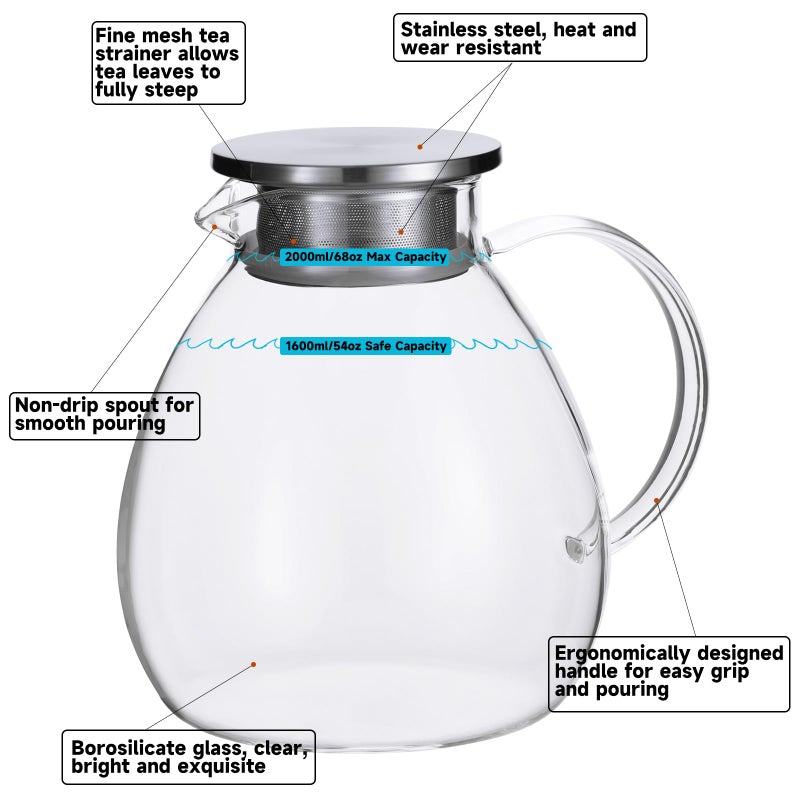 GURUDAR 68OZ/2000ML One Touch Glass Teapot with Stainless Steel Filter Lid, Stovetop & Microwave Safe Tea Maker Water Kettle, Strainer & Cover 2 in 1 Loose Leaf Tea Steeper Pot Coffee Carafe - Image 3
