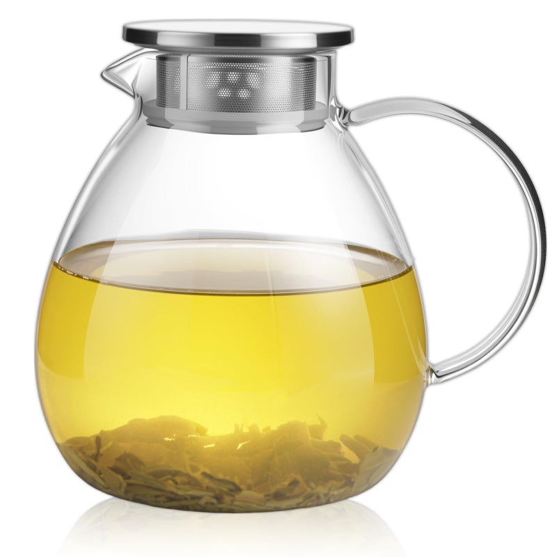 GURUDAR 68OZ/2000ML One Touch Glass Teapot with Stainless Steel Filter Lid, Stovetop & Microwave Safe Tea Maker Water Kettle, Strainer & Cover 2 in 1 Loose Leaf Tea Steeper Pot Coffee Carafe - Image 1