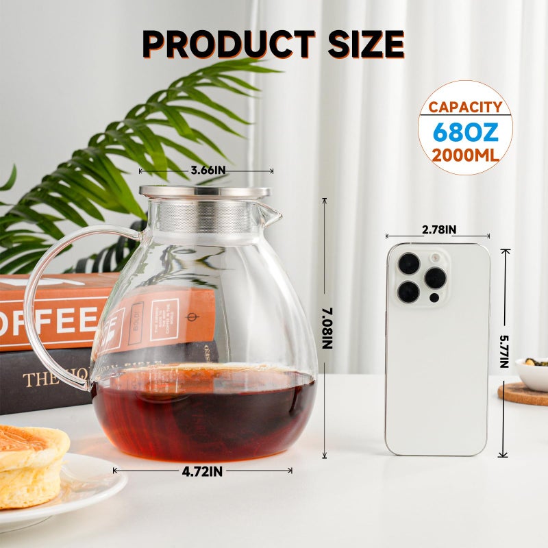 GURUDAR 68OZ/2000ML One Touch Glass Teapot with Stainless Steel Filter Lid, Stovetop & Microwave Safe Tea Maker Water Kettle, Strainer & Cover 2 in 1 Loose Leaf Tea Steeper Pot Coffee Carafe - Image 2
