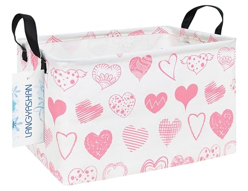 LANGYASHAN Rectangular Storage Bin Collapse Canvas Fabric Cartoon Storage Basket with Handles for Organizing Home Kitchen Boys and Girls Toys Office Closet Shelf Baskets Rec Angel Heart - Image 1