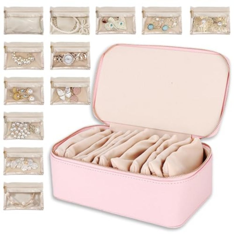 Travel Big Jewelry Case, PU Leather 12 zipper velvet bags for Women Girl, Valentine's Day Gift, Marriage, Brithday Gift - Image 1