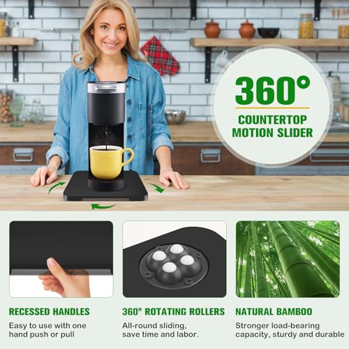 Taladad Appliance Slider 360° Rolling Tray for Coffee Maker Bamboo Coffee Pot Slider Tray Countertop Rotation Sliding Tray with Wheels, Small Appliances Mat Black (Small 11.8" × 9.8" × 0.6") - Image 4