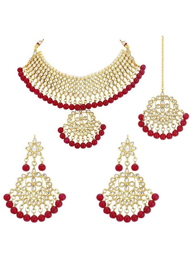 Aheli Indian Traditional Maang Tikka With Kundan Necklace Earrings Set Ethnic Wedding Party Designer Jewelry For Women (Red)  - Image 1