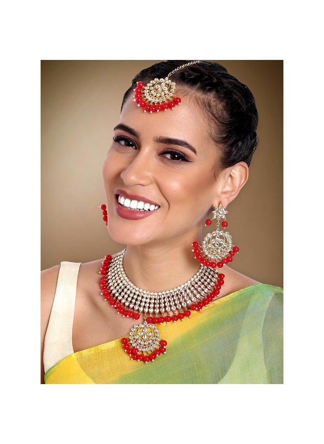 Aheli Indian Traditional Maang Tikka With Kundan Necklace Earrings Set Ethnic Wedding Party Designer Jewelry For Women (Red)  - Image 2