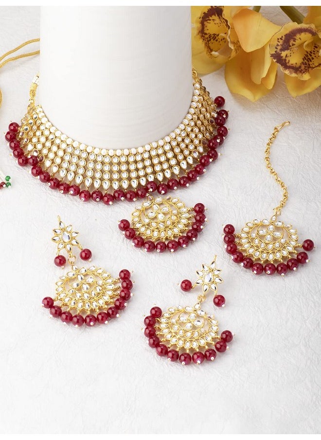 Aheli Indian Traditional Maang Tikka With Kundan Necklace Earrings Set Ethnic Wedding Party Designer Jewelry For Women (Red)  - Image 3