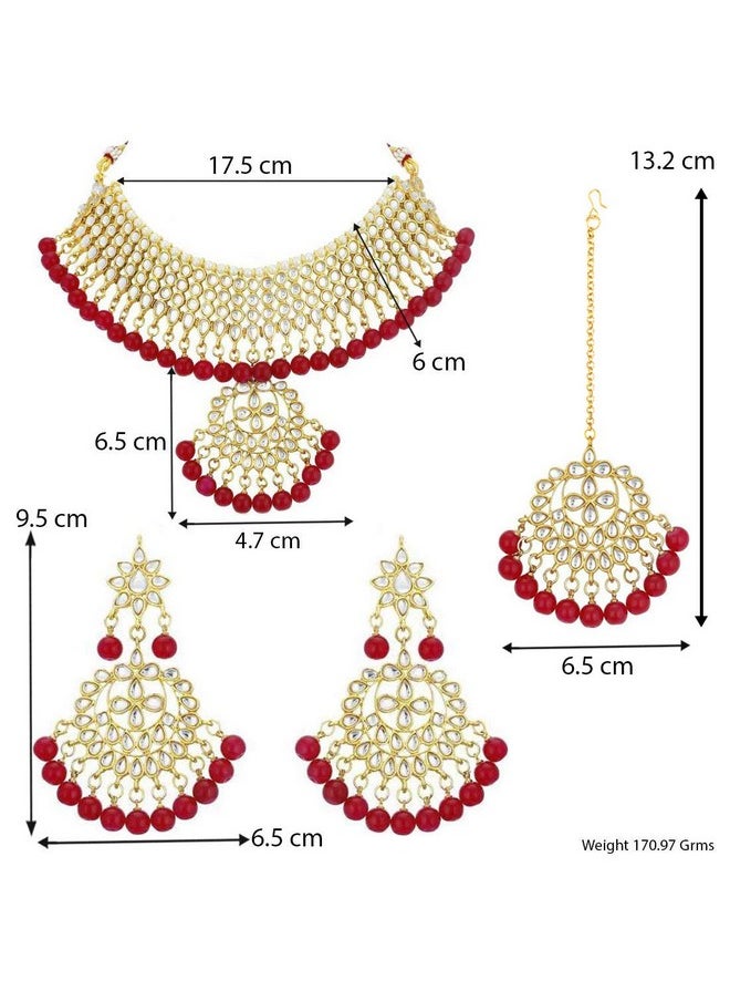 Aheli Indian Traditional Maang Tikka With Kundan Necklace Earrings Set Ethnic Wedding Party Designer Jewelry For Women (Red)  - Image 4