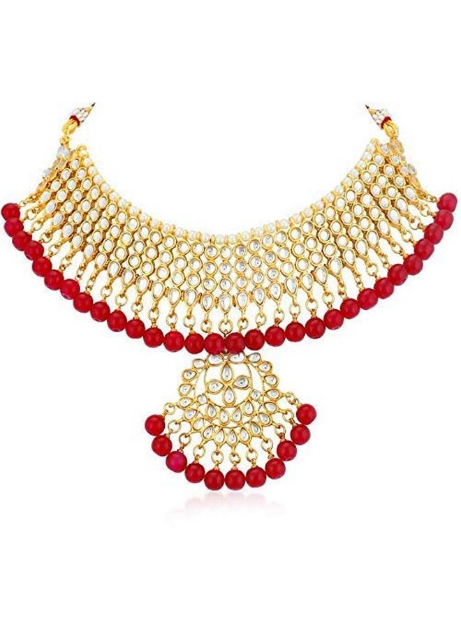 Aheli Indian Traditional Maang Tikka With Kundan Necklace Earrings Set Ethnic Wedding Party Designer Jewelry For Women (Red)  - Image 5