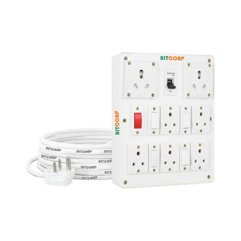 BITCORP BITCORP Extension Board 6A 16A 20A Muti Pin 7 Socket 4 Switch3500W With Surge Protector 1 Meter Long Cable Cord For Multiple Heavy Duty Home Kitchen Office Outdoor Indoor AppliancesWhite220 Volts  - Image 1