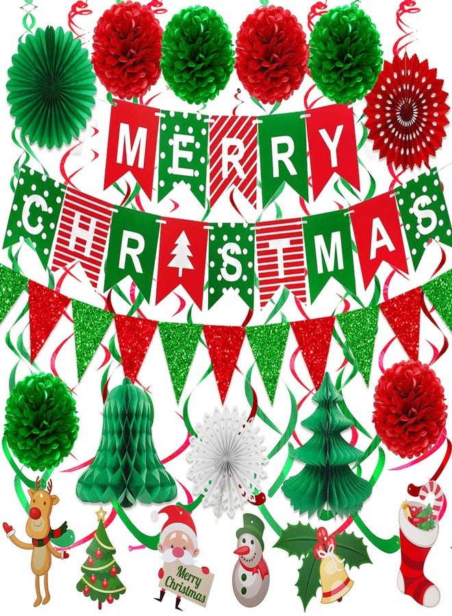 Fecedy MERRY CHRISTMAS Hanging Paper Banner Pom poms Paper flower Fan Swirl Streamers&Christmas tree Santa Claus Banner For Merry Christmas Party Decorations - Image 1