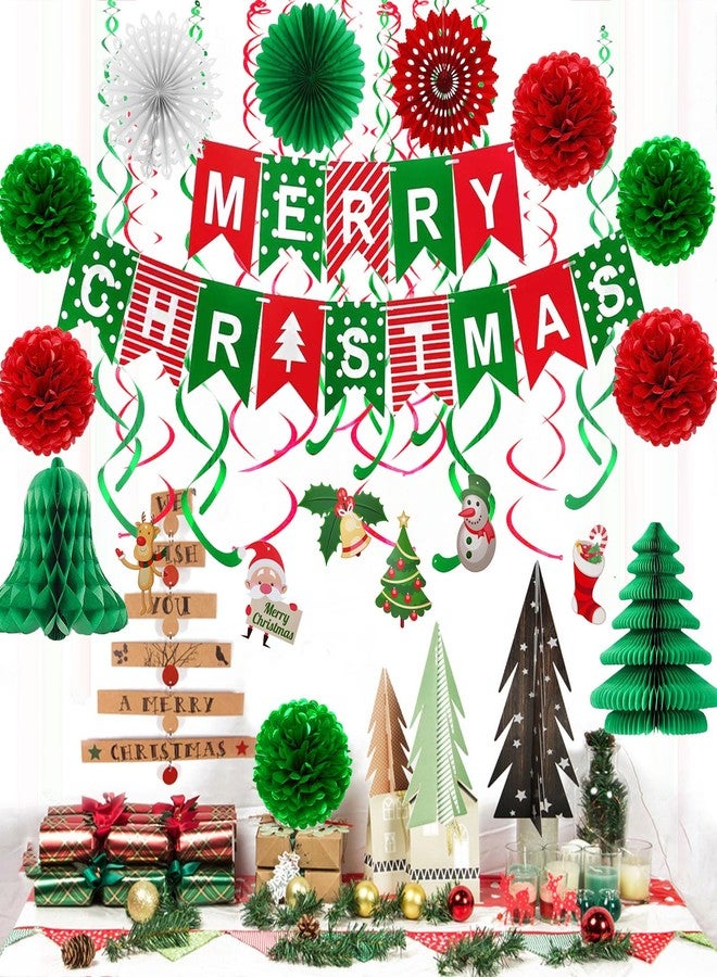 Fecedy MERRY CHRISTMAS Hanging Paper Banner Pom poms Paper flower Fan Swirl Streamers&Christmas tree Santa Claus Banner For Merry Christmas Party Decorations - Image 5