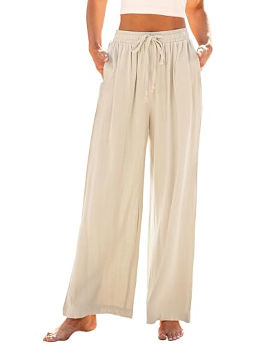 GRAPENT Boho Clothes for Women Trendy Pull On Drawstring Pants Pleated Summer Beige Linen Pants for Women Oversized Cute Color Light Beige X-Small Size 0 to 2 - Image 1