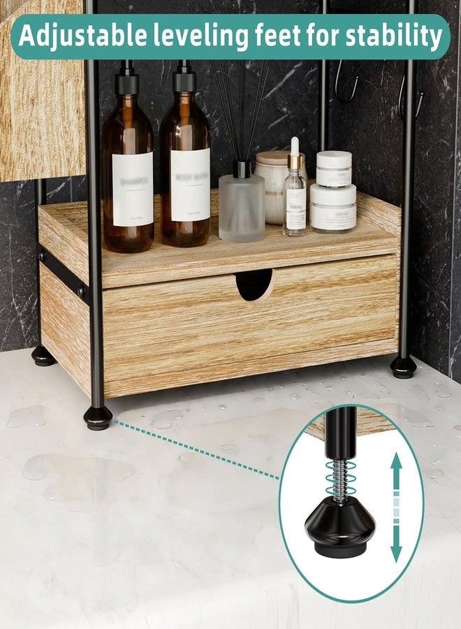 Kottwca 2-Tier Bathroom Counter Organizer with Drawer, Wooden Vanity Skincare Storage Shelf with Thickened Metal Frame, Countertop Shelf with Basket & Hooks for Makeup Organization,Light Brown - Image 3