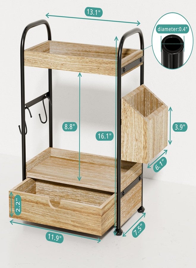 Kottwca 2-Tier Bathroom Counter Organizer with Drawer, Wooden Vanity Skincare Storage Shelf with Thickened Metal Frame, Countertop Shelf with Basket & Hooks for Makeup Organization,Light Brown - Image 2