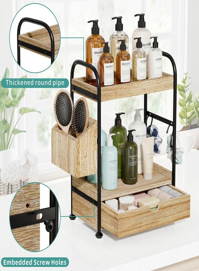 Kottwca 2-Tier Bathroom Counter Organizer with Drawer, Wooden Vanity Skincare Storage Shelf with Thickened Metal Frame, Countertop Shelf with Basket & Hooks for Makeup Organization,Light Brown - Image 4