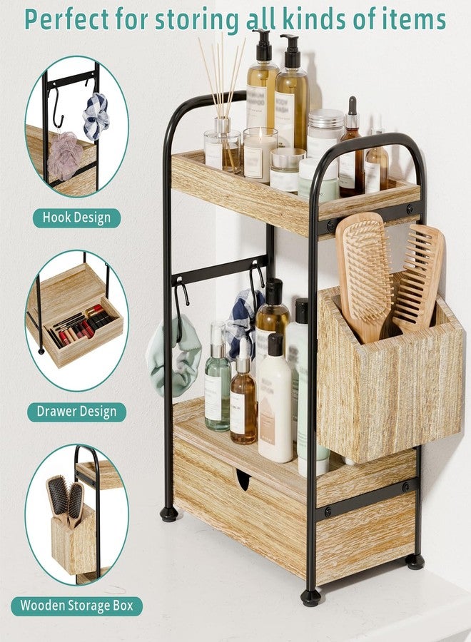 Kottwca 2-Tier Bathroom Counter Organizer with Drawer, Wooden Vanity Skincare Storage Shelf with Thickened Metal Frame, Countertop Shelf with Basket & Hooks for Makeup Organization,Light Brown - Image 5