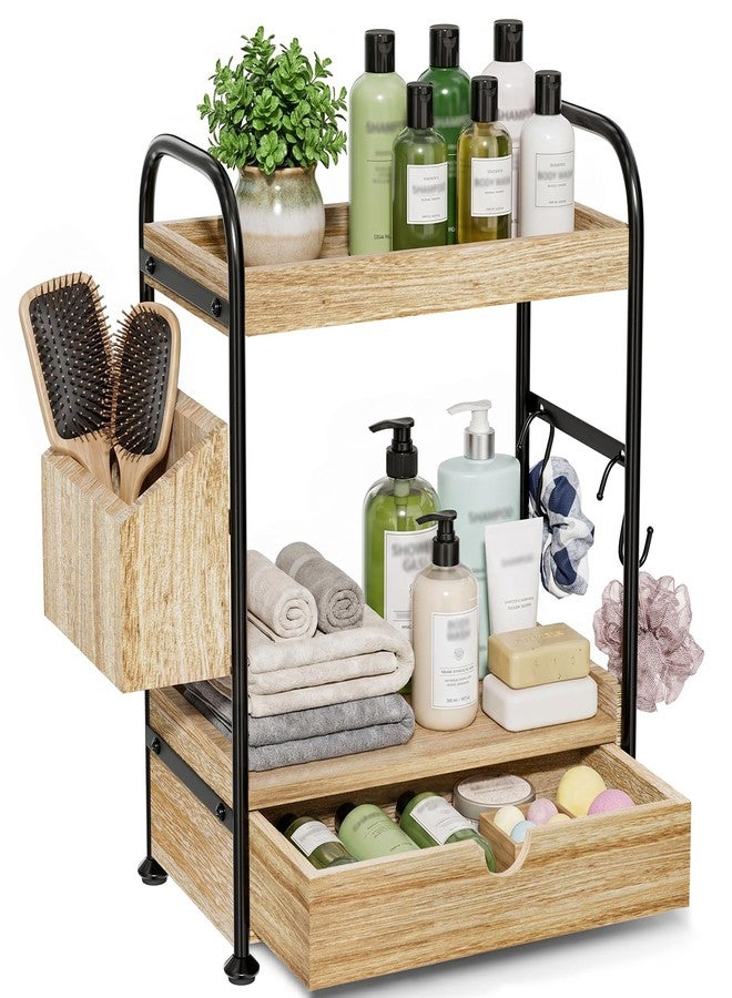 Kottwca 2-Tier Bathroom Counter Organizer with Drawer, Wooden Vanity Skincare Storage Shelf with Thickened Metal Frame, Countertop Shelf with Basket & Hooks for Makeup Organization,Light Brown - Image 1