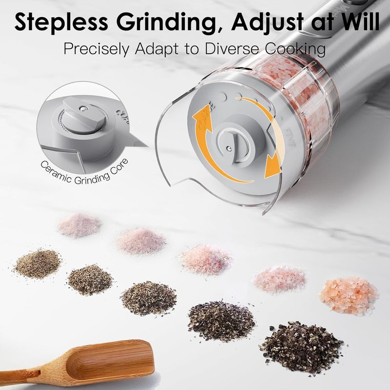 Marchpower Electric Salt and Pepper Grinder Set, 2-in-1 USB Rechargeable Pepper Mills With Base Adjustable Coarseness One Handed Operation Auto Grinders with Removable Transparent Container, LED Light - Image 3