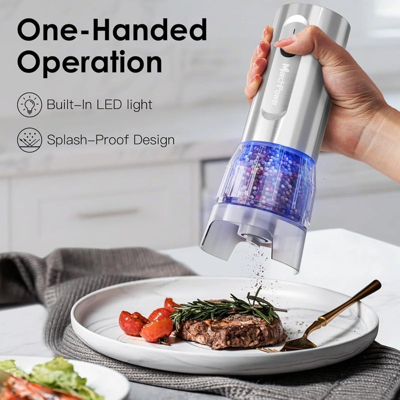 Marchpower Electric Salt and Pepper Grinder Set, 2-in-1 USB Rechargeable Pepper Mills With Base Adjustable Coarseness One Handed Operation Auto Grinders with Removable Transparent Container, LED Light - Image 2