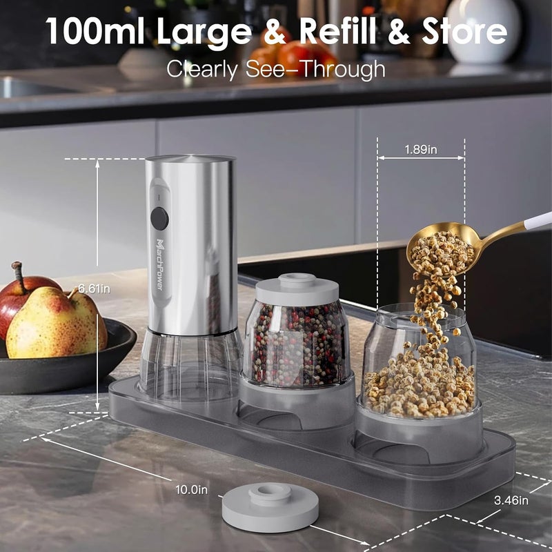 Marchpower Electric Salt and Pepper Grinder Set, 2-in-1 USB Rechargeable Pepper Mills With Base Adjustable Coarseness One Handed Operation Auto Grinders with Removable Transparent Container, LED Light - Image 5