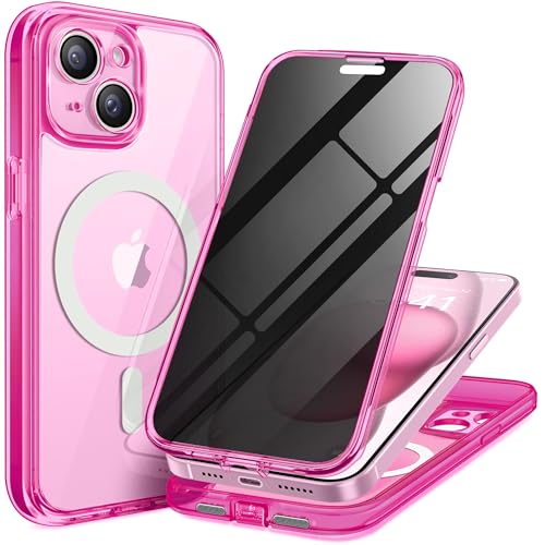 TIESZEN for iPhone 15 Case, Compatible with MagSafe, Built-in Privacy Screen Protector and Camera Protection, Anti Spy Full Body Dustproof Shockproof Hard Phone Case 6.1", Fluorescent Pink - Image 1