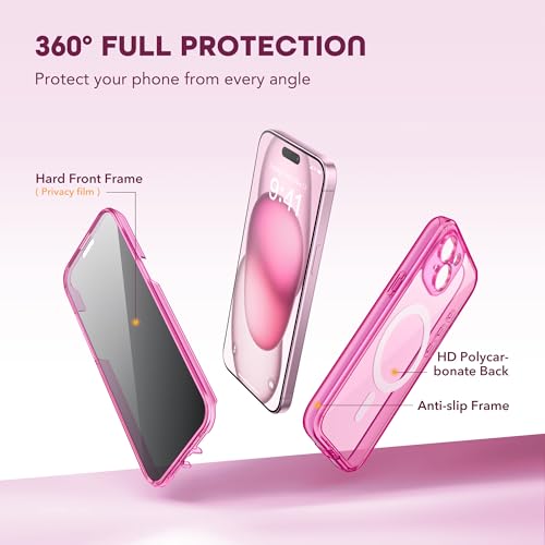 TIESZEN for iPhone 15 Case, Compatible with MagSafe, Built-in Privacy Screen Protector and Camera Protection, Anti Spy Full Body Dustproof Shockproof Hard Phone Case 6.1", Fluorescent Pink - Image 3