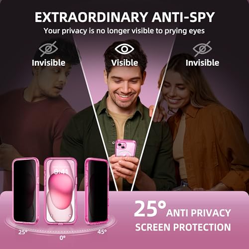 TIESZEN for iPhone 15 Case, Compatible with MagSafe, Built-in Privacy Screen Protector and Camera Protection, Anti Spy Full Body Dustproof Shockproof Hard Phone Case 6.1", Fluorescent Pink - Image 2