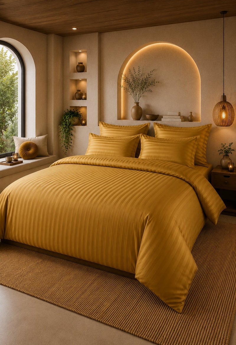 Aristocrat 6-Piece Stripe Microfiber Duvet Cover Set | Single | Includes 1 Duvet Cover (160x220cm), 1 Deep Pocket Fitted Sheet (120x200+30cm) & 4 Pillowcases (53x75+15cm) | Ultra Soft, Breathable & Wrinkle Resistant-gold - Image 1