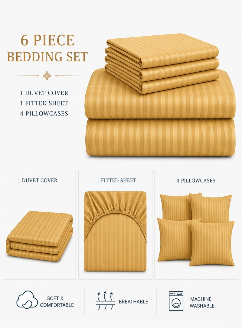 Aristocrat 6-Piece Stripe Microfiber Duvet Cover Set | Single | Includes 1 Duvet Cover (160x220cm), 1 Deep Pocket Fitted Sheet (120x200+30cm) & 4 Pillowcases (53x75+15cm) | Ultra Soft, Breathable & Wrinkle Resistant-gold - Image 2