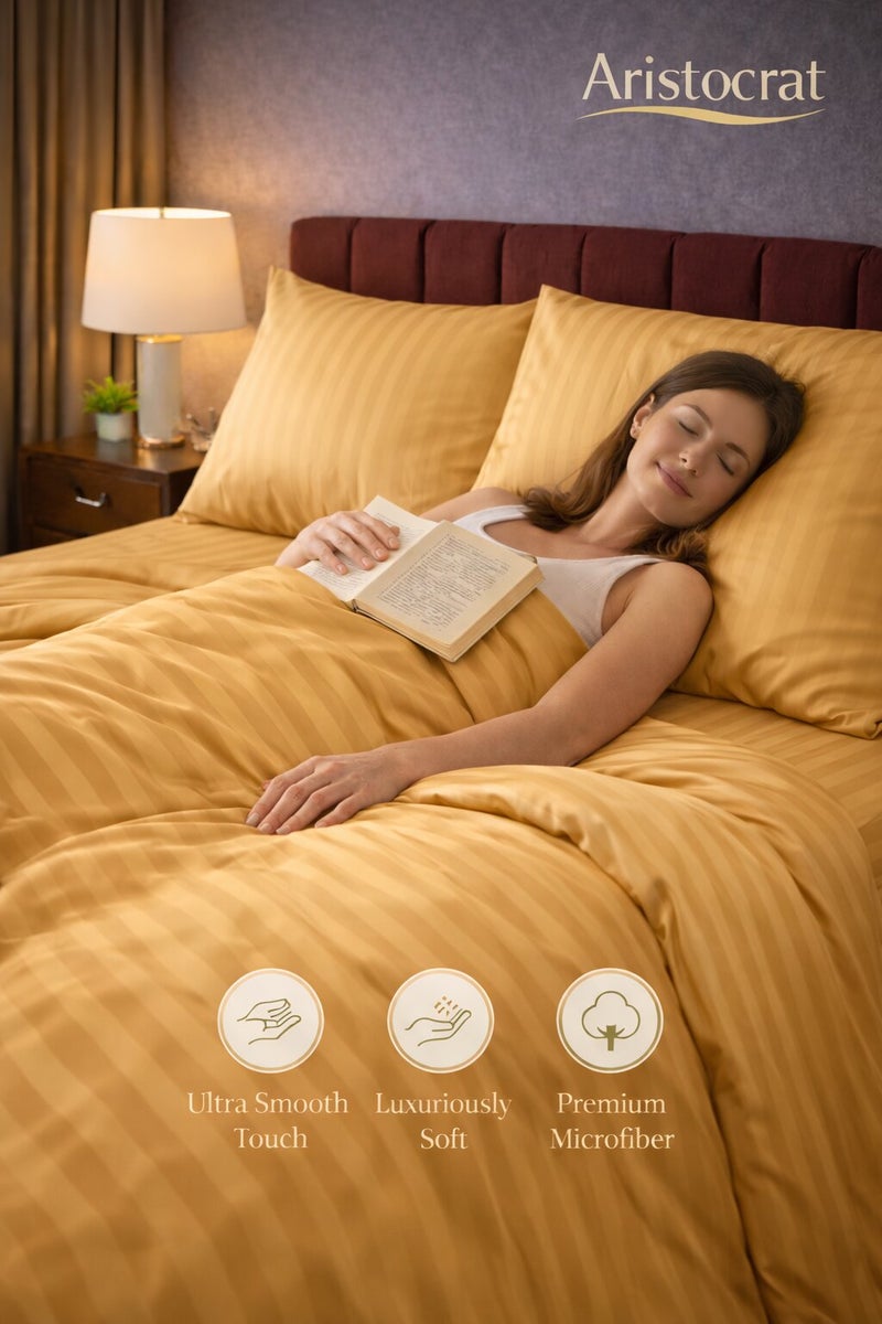 Aristocrat 6-Piece Stripe Microfiber Duvet Cover Set | Single | Includes 1 Duvet Cover (160x220cm), 1 Deep Pocket Fitted Sheet (120x200+30cm) & 4 Pillowcases (53x75+15cm) | Ultra Soft, Breathable & Wrinkle Resistant-gold - Image 4