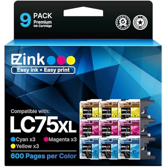 COMPATIBLE INK CARTRIDGE REPLACEMENT FOR BROTHER LC75XL LC75 LC71 LC79 LC-75 LC LC-71 LC79XXL COMPATIBLE WITH MFC-J6510DW MFC-J6710DW MFC-J6910DW MFC-J280W (3 CYAN, 3 MAGENTA, 3 YELLOW) 9 PACK - Image 1