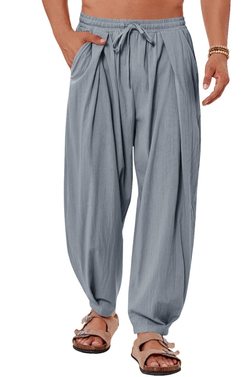 Gafeng Mens Linen Yoga Pants Elastic Waist Drawstring Summer Beach Loose Fit Casual Tapered Trousers Gray - Image 1